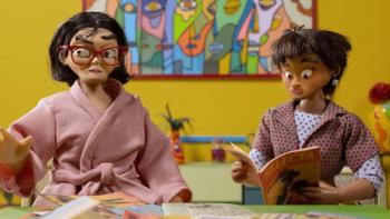 Women Wearing Shoulder Pads TV show screenshot 1: Marioneta, clad in a pink robe, sits at a table next to Coquita, who is reading a magazine. 