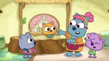 Work It Out Wombats!: Malik, Zadie, and Zeke talk to Mrs. Fishman in their kitchen.