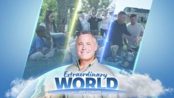 "Extraordinary World with Jeff Corwin" printed in front of Jeff Corwin, a middle-aged white man in khaki who stands in front of a collage of people 