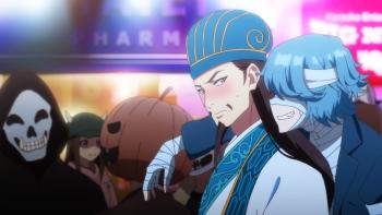 Ya Boy Kongming! screenshot 1: Kongming frowns at the blue-haired man wrapped in bandages who is leaning on his shoulder.