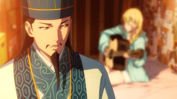 Ya Boy Kongming! screenshot 3: Kongming listens solemnly to Eiko playing acoustic guitar. Close up of Kongming.