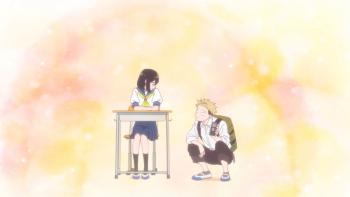You and I Are Polar Opposites TV show screenshot 5: Yamada crouches next to Nishi who sits at her desk.