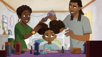 Young Love TV show screenshot 3: A little girl with afro puffs sits at a desk as her parents fuss over her hair above her.