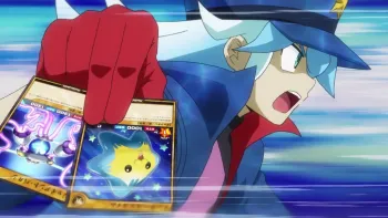 Yu-Gi-Oh! Go Rush!! TV: Yudais holds two monster cards and yells in action, as the background blurs to demonstrate speed.