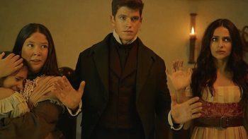 Zorro screenshot 1: A woman and daughter held up in bank with Diego and Lolita. 