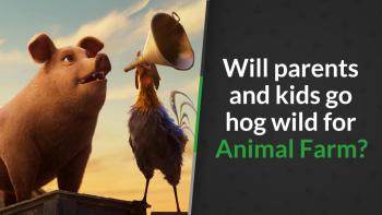 An animated pig and a rooster with a megaphone stand atop a barn at sunset in Animal Farm (2025).
