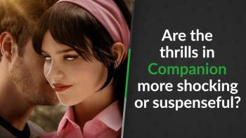 Josh (Jack Quaid) kissing his girlfriend's, Iris (Sophie Thatcher), cheek.