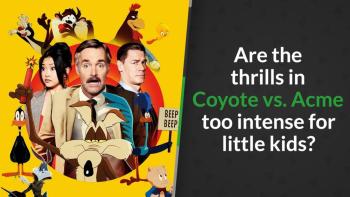 Characters from Looney Tunes, including Wile E. Coyote and Road Runner, surround three people.