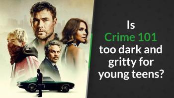 Four characters arranged in a layered portrait against a hazy city skyline, with a vintage green car and a suited man standing in silhouette in front 