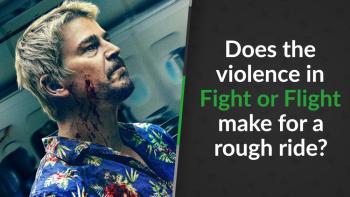 Lucas Reyes (Josh Hartnett) in an airplane, cheek covered in blood from a gunshot wound