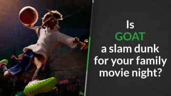 Animated goat character leaps toward a basketball hoop for a dunk, gripping the ball midair on a gritty, fenced court at night.