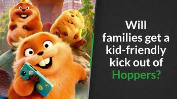 Smiling animated beaver holds a smartphone with two other beavers on a rock in a leafy city park.