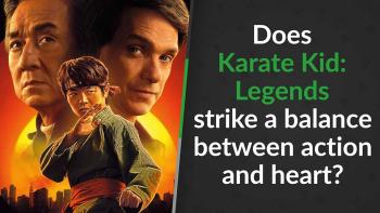 stylize photo of actors Jackie Chan, Ralph Macchio, and Ben Wang in front of a rising sun