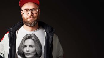 Seth Rogen wearing a shirt of Charlize Theron's face