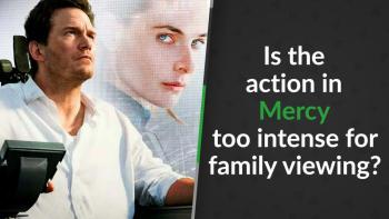 Chris Pratt with a serious gaze and digital sci-fi themed background with an AI judge face behind him