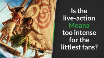 Moana and Maui sailing on an ocean wave with a spiraled sail.