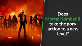 A lone fighter in casual clothes stands before an armored cast of warriors amid fiery red smoke in Mortal Kombat 2.