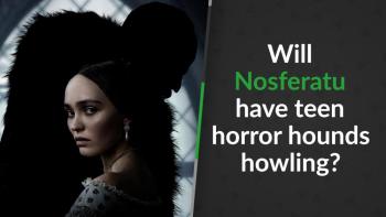 A silhouette of Count Orlock (Bill Skarsgård) behind Ellen Hutter (Lily-Rose Depp)