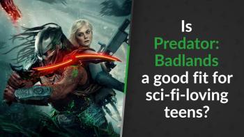 Thia (Elle Fanning) holding a gun while Predator attacks monsters with his glowing sword