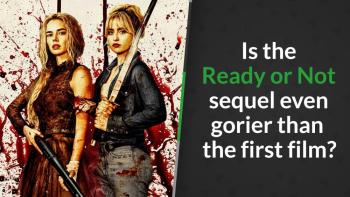 Two bloodied women stand back-to-back amid blood splatter, one with a shotgun in a brown dress, the other wielding a katana, in Ready or Not 2: Here I