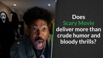 Man screaming with Ghostface in the background. Text beside them.