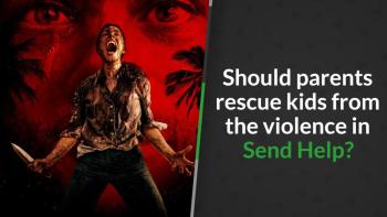 A bloodied woman screams while gripping a knife, set against a red backdrop with ominous eyes looming behind her