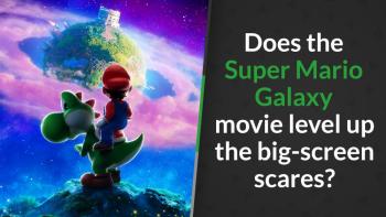 Mario rides Yoshi atop a rocky hill, gazing at a ringed planet kingdom in a vivid cosmic sky in this Super Mario Galaxy movie art.