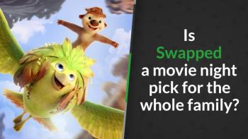 A cheerful animated squirrel rides atop a round green flying bird through a cloudy sky