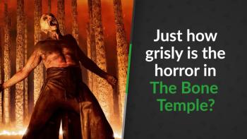 Dr. Ian Kelson (Ralph Fiennes) stands screaming with his fists clenched in the center of a fiery landscape, surrounded by pillars made of bones