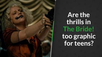 White-haired woman in orange satin and black lace veil aims a revolver in an ornate theater