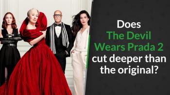 Four elegantly dressed cast members pose on a grand staircase, led by a silver-haired woman in a sweeping red gown, in The Devil Wears Prada 2.