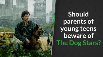Man sitting with a dog in an overgrown city setting.