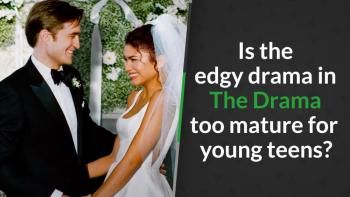 Zendaya and Robert Pattinson as bride and groom share a joyful moment amid floral greenery in The Drama.