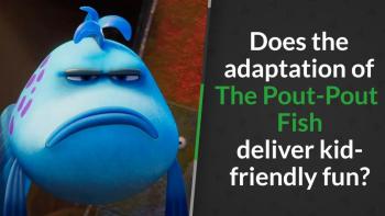 Blue animated fish with a grumpy expression