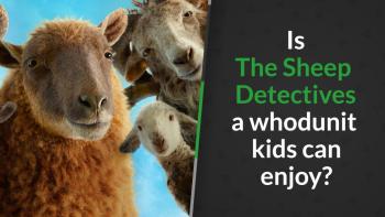 A close-up of animated sheep of various sizes and colors peer down at the camera in The Sheep Detectives.