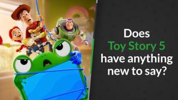 Woody, Buzz, and Jessie ride a tablet shaped like a frog.