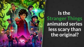 Animated poster for Stranger Things: Tales from '85 featuring the young cast battling creatures in a vivid green and purple Upside Down landscape.