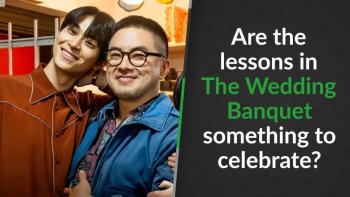 Chris (Bowen Yang) hugging his partner Min (Han Gi-chan)