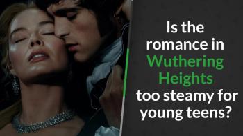 Close-up of Catherine Earnshaw (Margot Robbie) and Heathcliff (Jacob Elordi) in an intimate embrace, eyes closed.