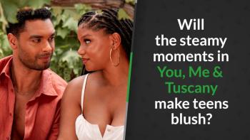 Regé-Jean Page and Halle Bailey share a lingering glance beneath a grapevine in You, Me & Tuscany.