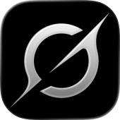 Silver blade logo on a black background.