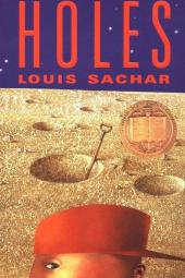 Holes Book Cover: Shovel in dirt and a boy in a red cap.