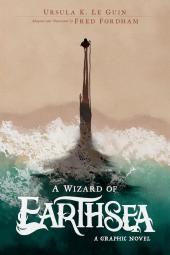 A Wizard of Earthsea Graphic Novel book cover: Long shadow of a boy standing on a sandy beach with waves behind him
