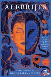 Alebrijes book cover: Half human, half owl face in blue and orange detailing framed by tree branches, wildlife, and tendrils emanating from cube