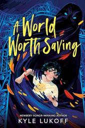 A World Worth Saving book cover: Boy in a white smily face t-shirt runs through wind storm with intensity