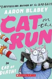 Cat on the Run book cover: Cat in a blue dress and black jacket looks scared while running from two missiles