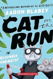 Cat on the Run in Cucumber Madness! book cover: Scared cat wearing an all black outfit and mask holding nunchucks
