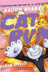 Cat on the Run in Hidden Layers book cover: Smiling cat with a bow on her head has big eyes while standing in front of an explosion