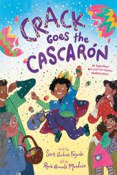 Crack Goes the Cascarón book cover: Young boy jumps midair as Latino family laughs amidst confetti shower