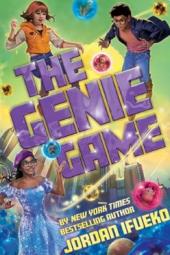 The Genie Game book cover: Black teen in glittering dress against city skyline and blue bubbles; two other teens float in the air